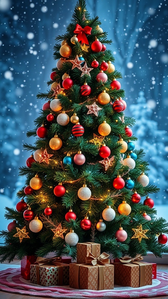 Vertical Christmas background with a decorated tree, gifts, and snowfall.